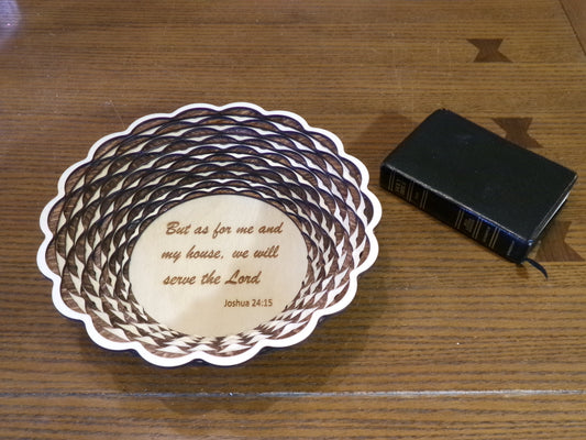 But as for me and my house, we will serve the Lord. What a wonderfully crafted way to show your Christian values. This uniquely designed deep basket is made with alternating light and dark stained rings that create a beautiful, patterned accent decor. This piece is 10 5/8" diameter and 2 5/8" high.